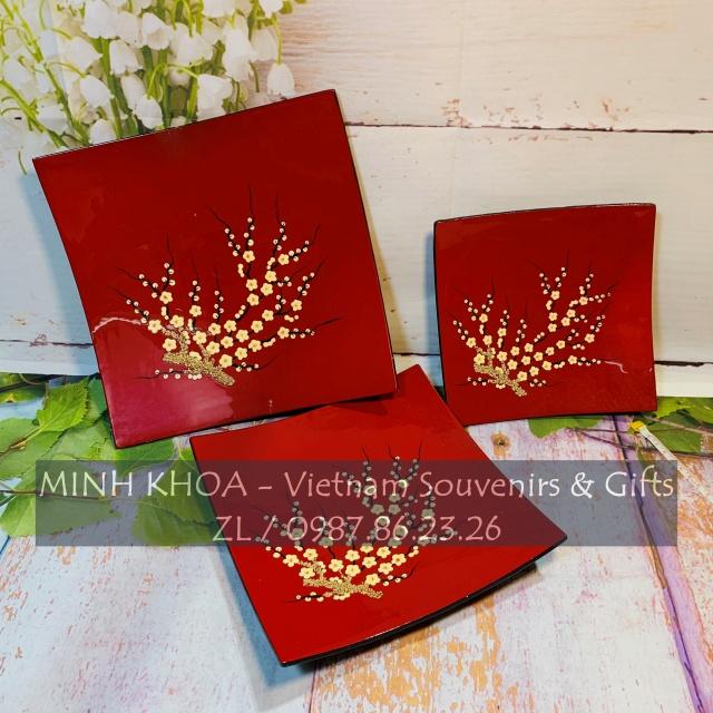 Set 3 Đĩa Vuông Cong Sơn Mài Hoa Đào Cẩn Trứng - Cherry Blossom Lacquer Tray