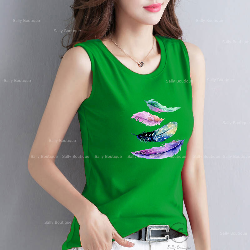 Áo Thun Sát Nách Nữ Bản To In Hình Lông Vũ Thun Cotton 100% Co Giãn 4 Chiều, Mềm Mịn Mặc Mát - Sally Boutique-SN137