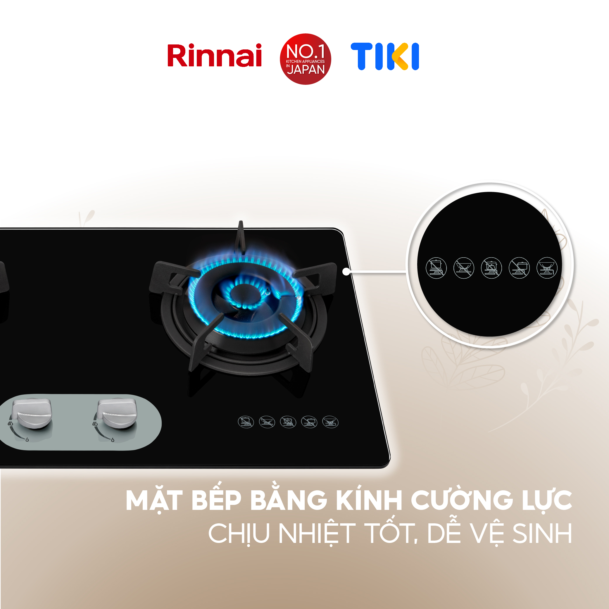 Bếp gas âm Rinnai RVB-220G(BG) mặt bếp kính và kiềng bếp gang - Hàng chính hãng.