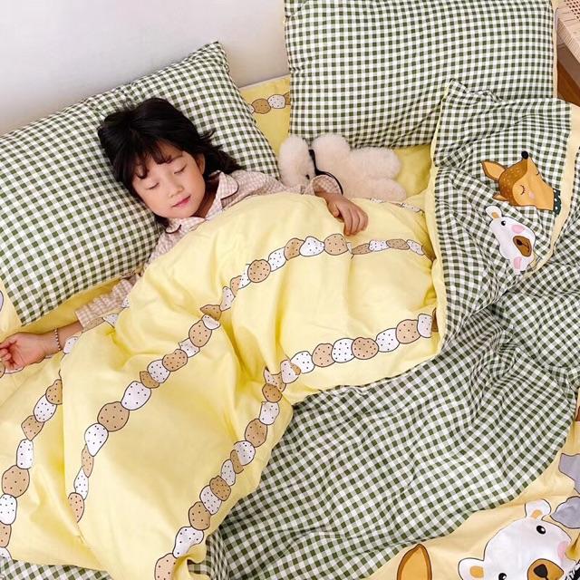 Set Cotton living Hàng Nhập Khẩu Cao Cấp 4 Món Muôn Thú Kẻ Vàng Xanh
