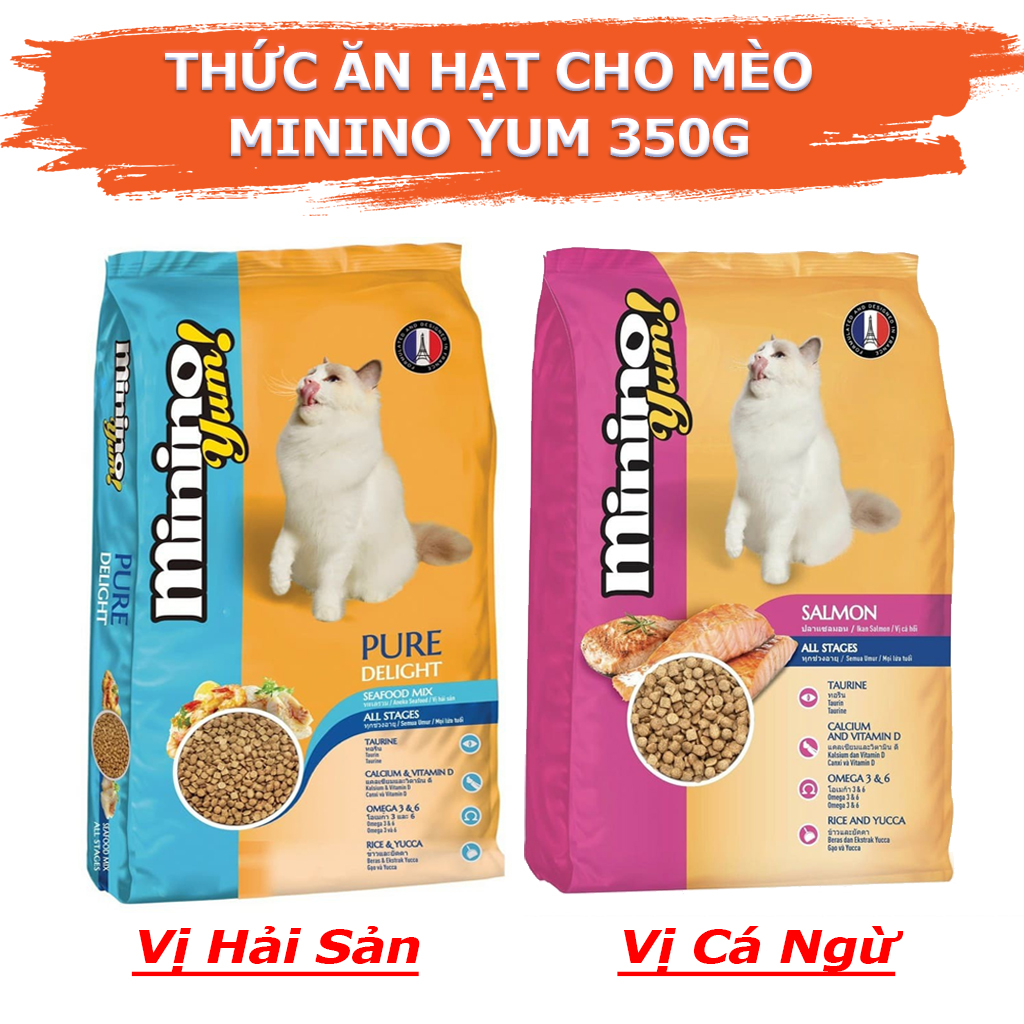 COMBO 5 Gói Thức Ăn Hạt Cho Mèo Vị Cá Hồi Và Hải Sản Minino Yum 350g