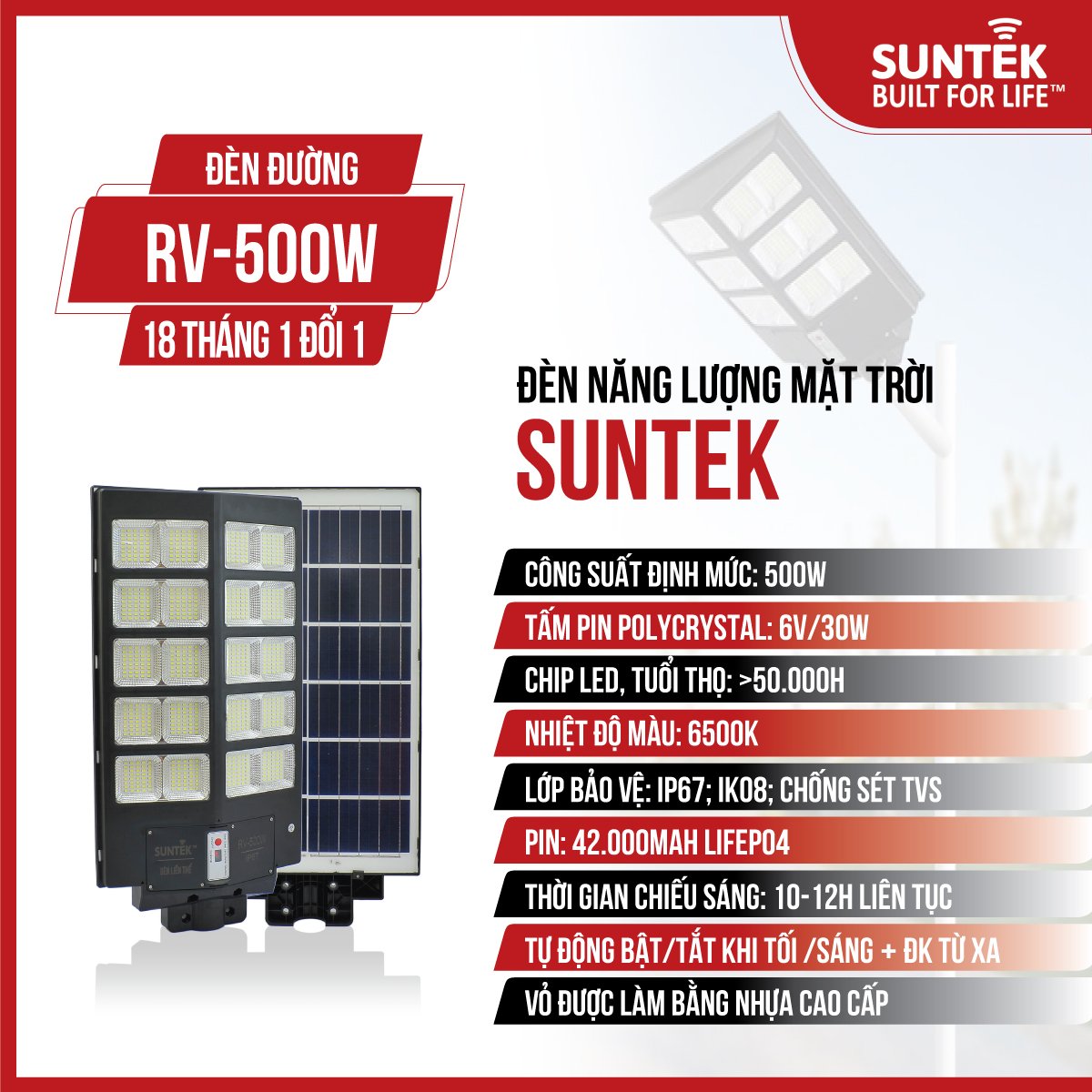 Đèn Đường Liền Thể Năng Lượng Mặt Trời SUNTEK RV-500W - Sáng suốt đêm 10-12 giờ | Tự động Bật/Tắt | Điều khiển Từ Xa | Chống Nước/Bụi/Sét | Tuổi thọ bóng LED 50.000 giờ - Hàng Chính Hãng - Bảo hành 18 tháng 1 đổi 1