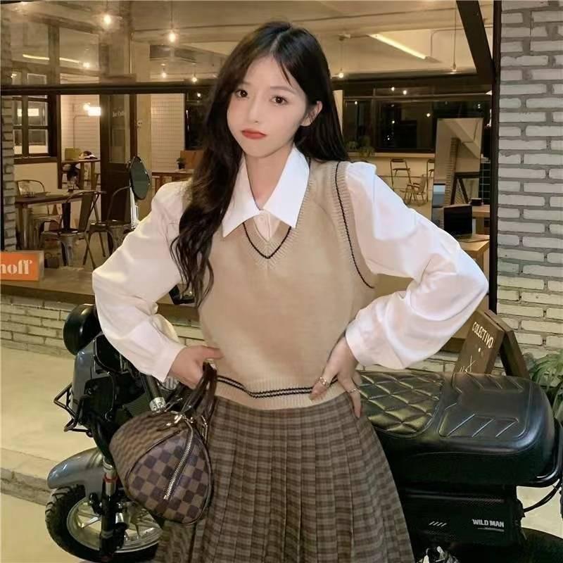 Áo len nữ Montoghi Quảng Châu GILE kiểu 2 lớp TAY DÀI phối cổ sơ mi xinh xắn