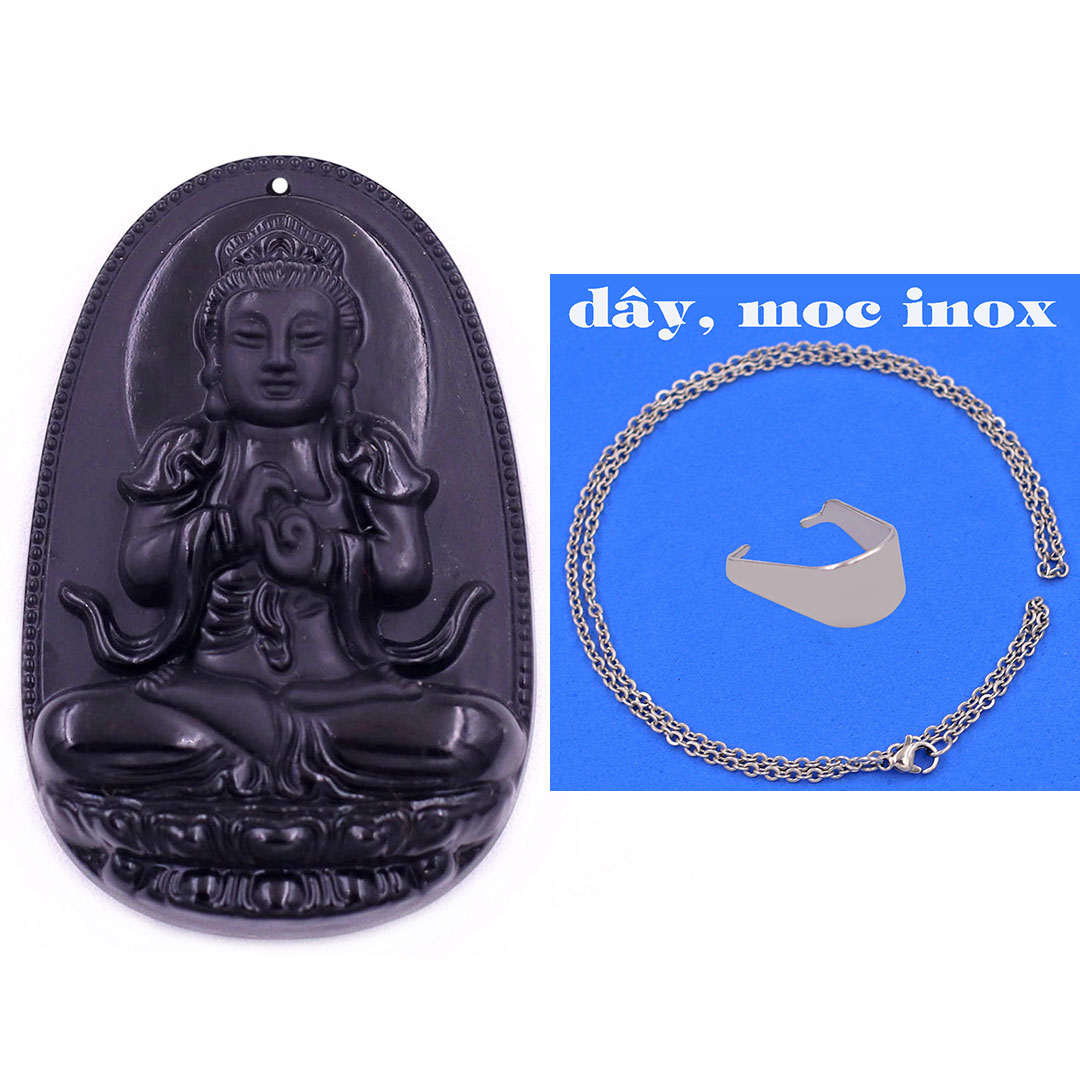 Mặt Phật Đại nhật như lai đá thạch anh đen 3.6 cm kèm móc và dây chuyền inox, Mặt Phật bản mệnh