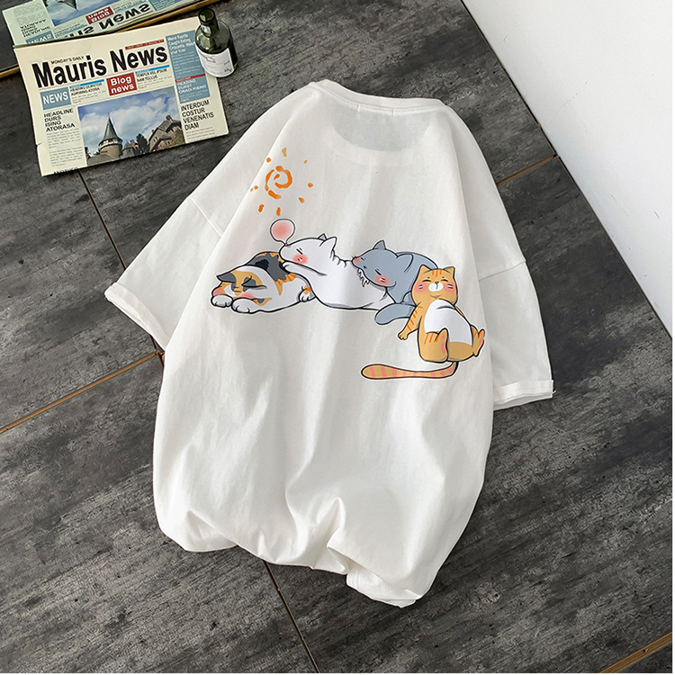 Áo thun tay lỡ cotton 4 mèo nằm [ áo thun tay lỡ unisex nam nữ đều mặc được