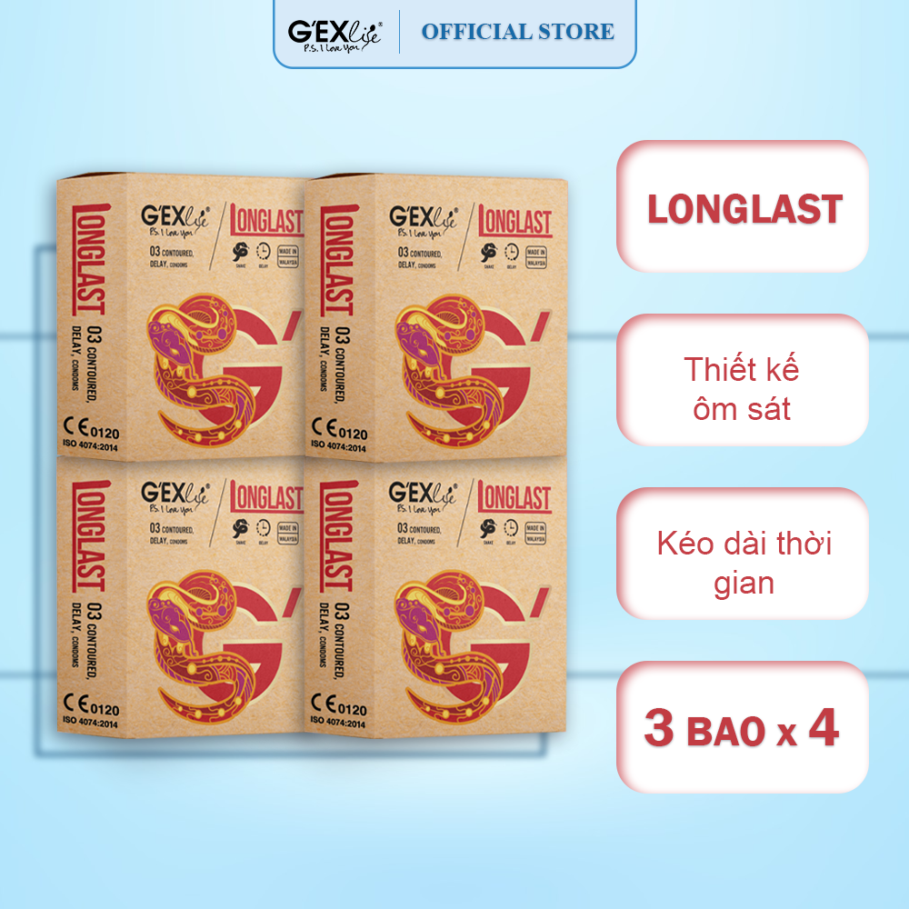 Combo 4 hộp Bao cao su GEXlife Longlast ôm khít, kéo dài thời gian (3 cái/hộp)