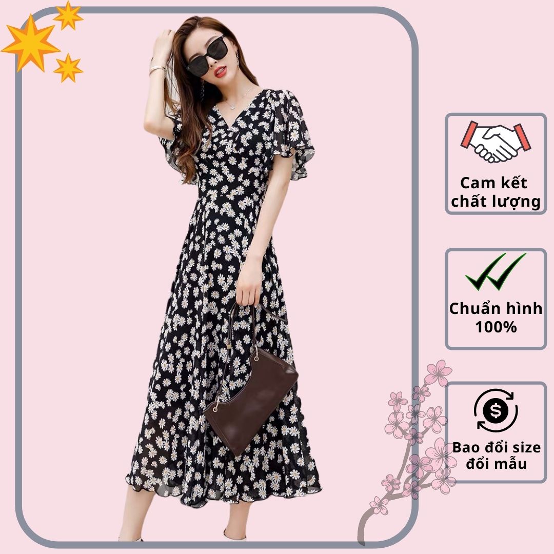 Đầm xòe maxi lụa hoa cúc tay cánh tiên siêu xinh - VN432001