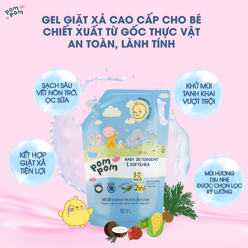 Nước giặt xả cho bé Pom Pom Newborn túi 2700 ml