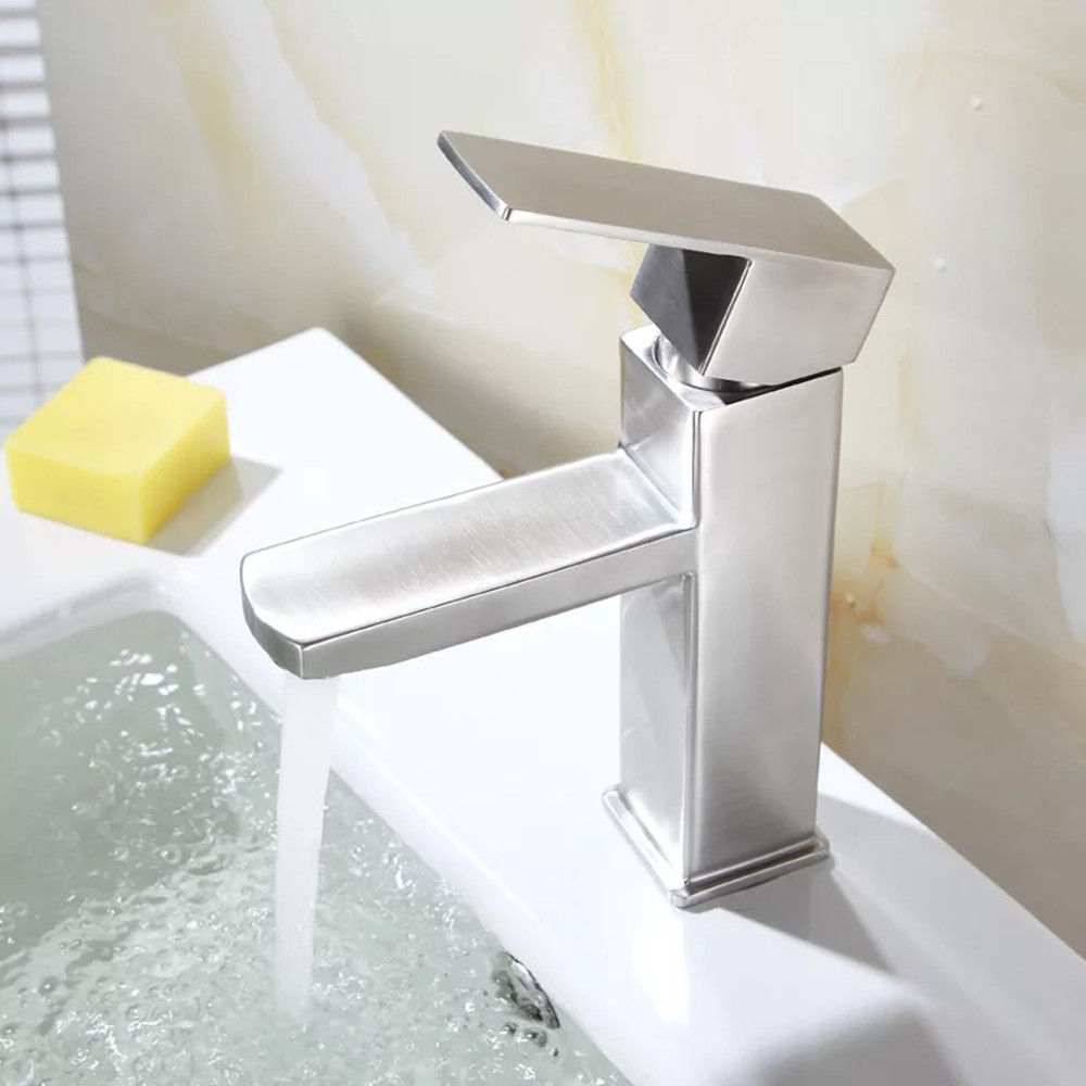 Vòi lavabo vuông nóng lạnh inox 304 KAMA VC05 - thân cao 20 cm, cân nặng 750gr, tặng kèm bộ dây cấp nước nóng lạnh 60 cm, vòi chậu rửa mặt nóng lạnh phù hợp với mọi lavabo