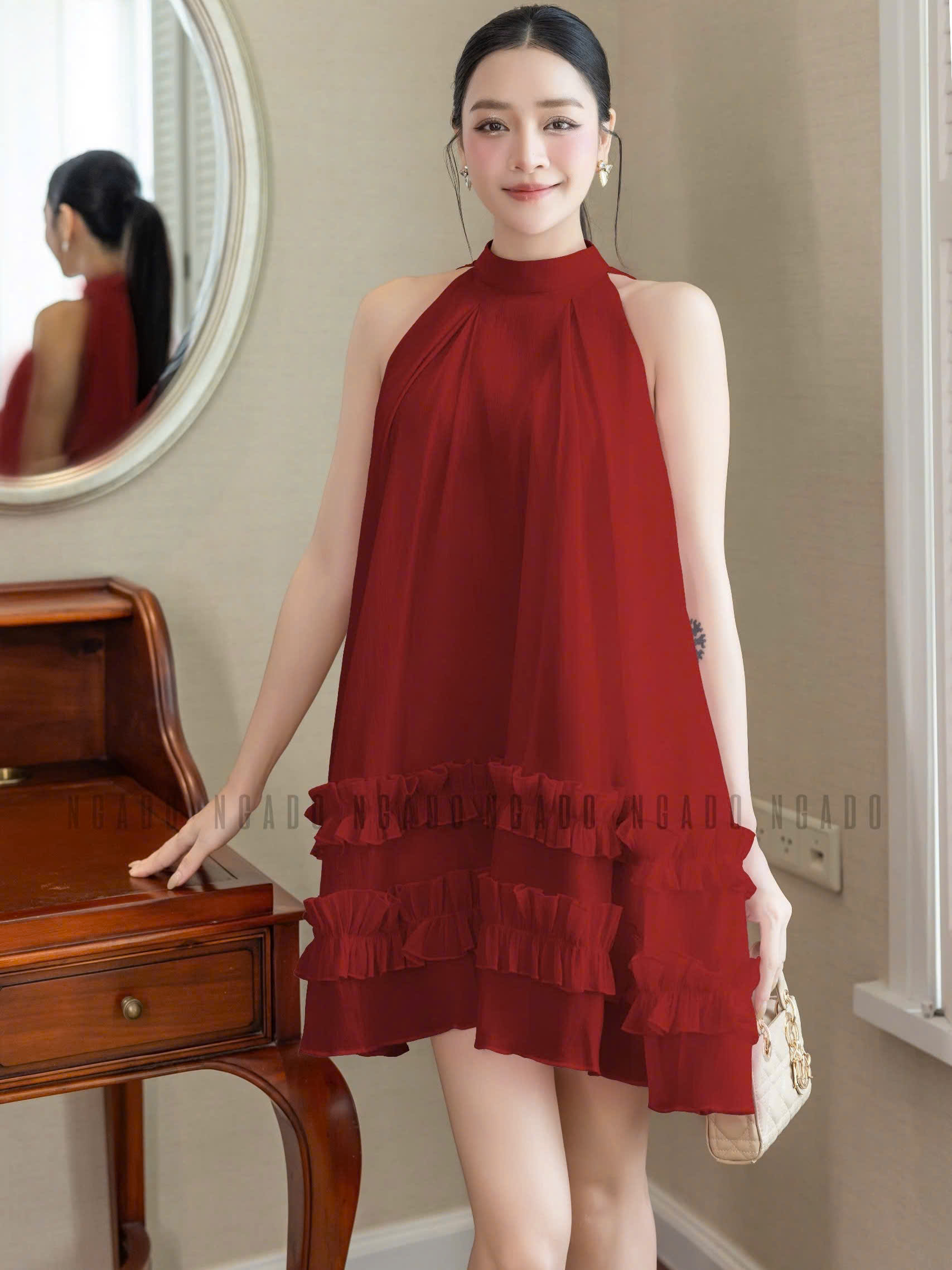 Đầm yếm đỏ phối bèo NGADO , đầm cổ yếm , đầm suông , đầm dạo phố , dự tiệc
