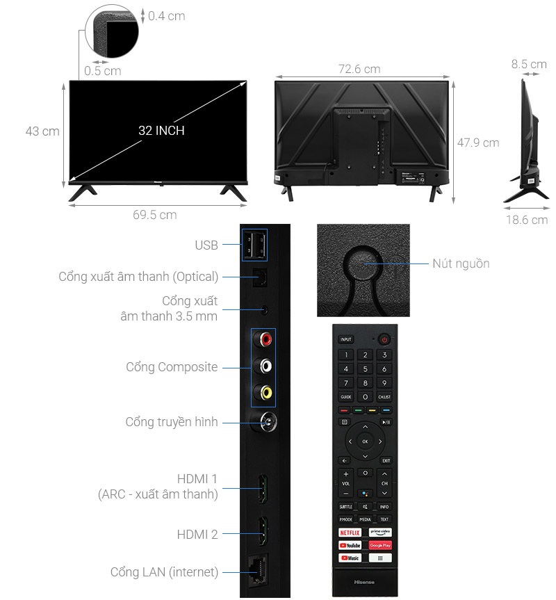 Android Tivi LED Hisense 32 inch 32A4N trợ lý ảo Google Voice Control, bảo hành chính hãng 2 năm - Hàng Chính Hãng