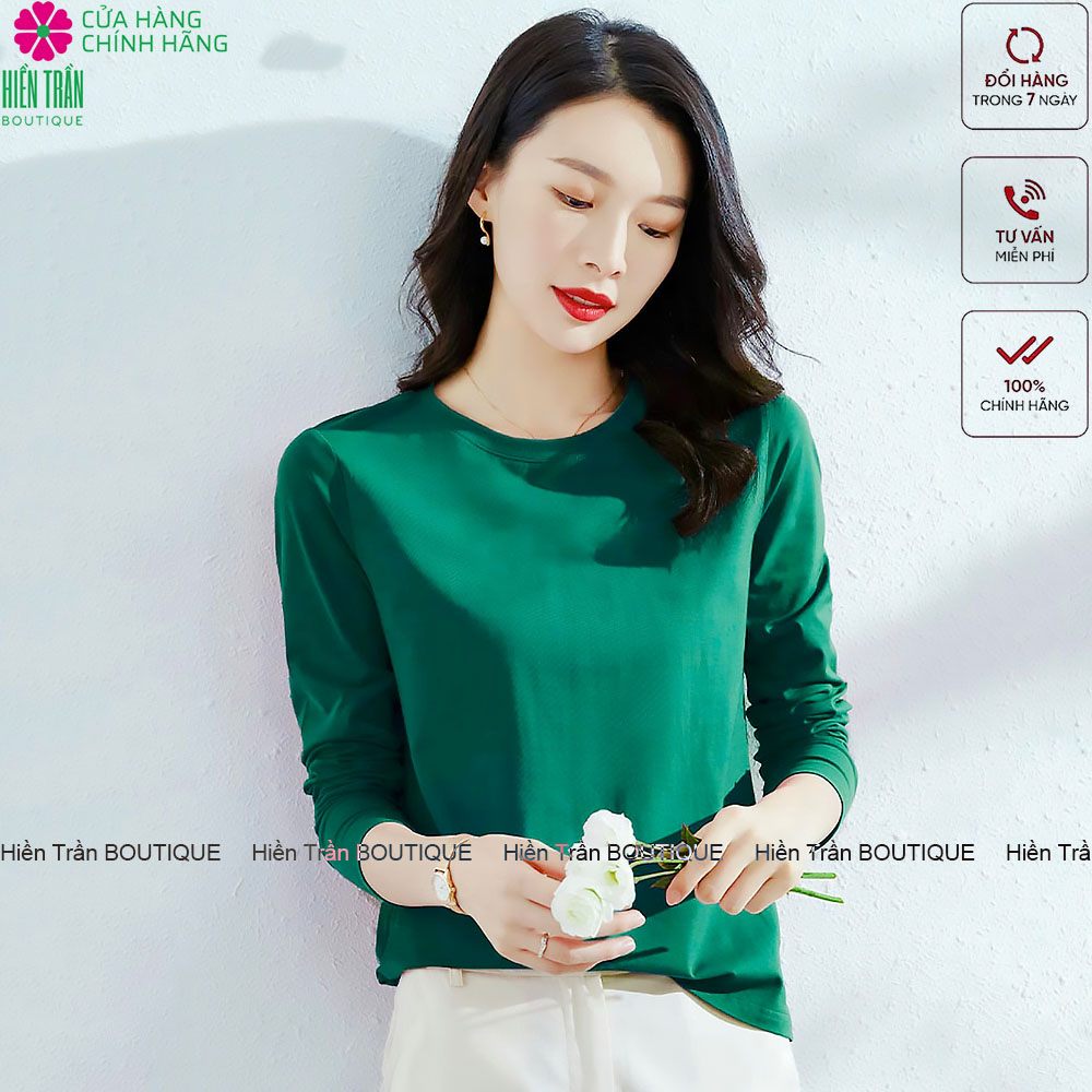 Áo thun dài tay nữ Hiền Trần BOUTIQUE cổ tròn nhẹ dáng suông rộng thoải mái vải cotton mềm mại kiểu nữ tính