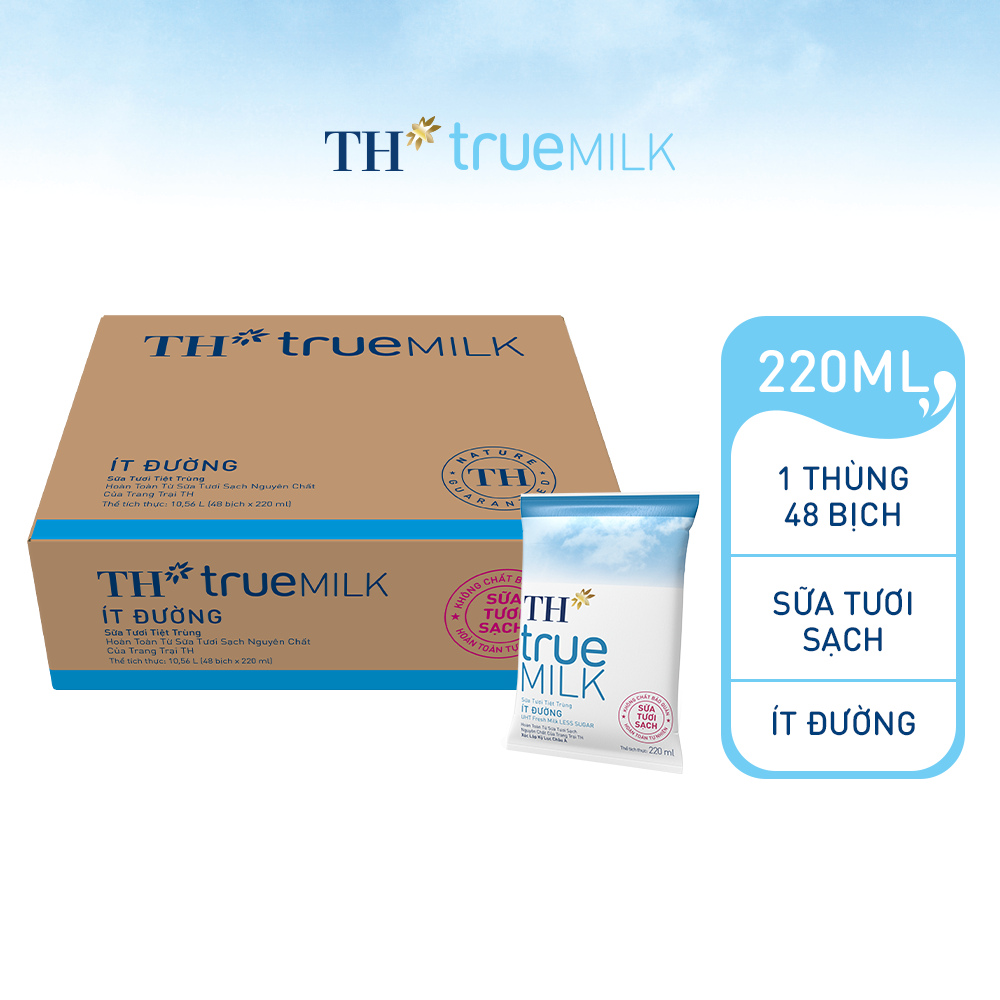 Thùng 48 bịch sữa tươi sạch ít đường TH True Milk bịch giấy 220ml (220ml x 48)