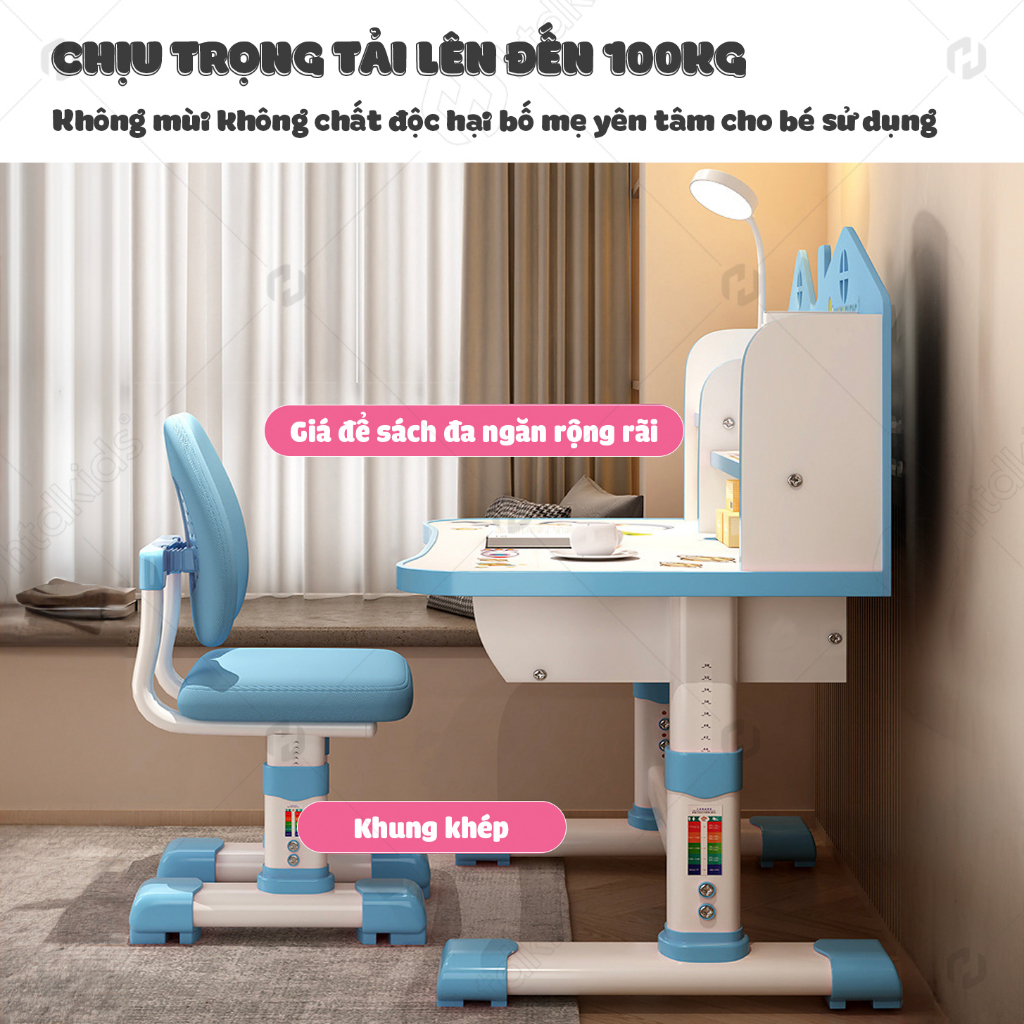 Bộ bàn học cho bé C07, bàn học chống gù size 80cm tặng kèm đèn led, giá đỡ ngực