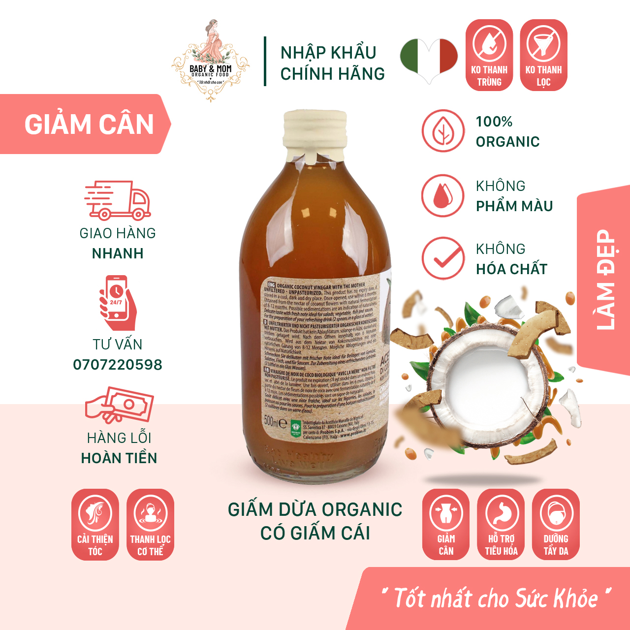 Giấm Dừa Hữu Cơ Có Giấm Cái 500ml ProBios Organic Coconut Vinegar With The Mother