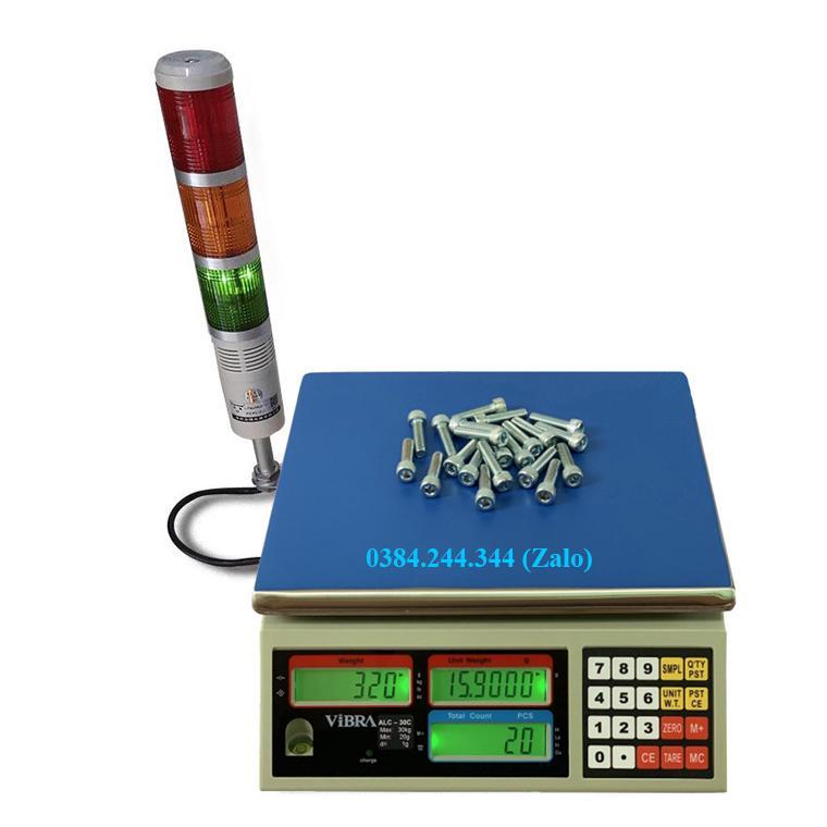 Bộ sản phẩm cân kiểm tra cảnh báo gồm cân điện tử đếm ALC 15kg/0.5g và đèn còi cảnh báo Đỏ -Vàng -Xanh