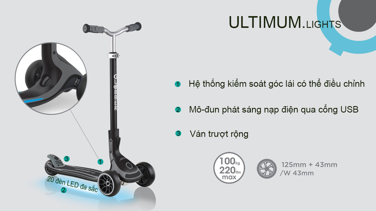 Xe trượt scooter 3 bánh GLOBBER ULTIMUM LIGHTS cho trẻ em từ 5 tuổi - Xám