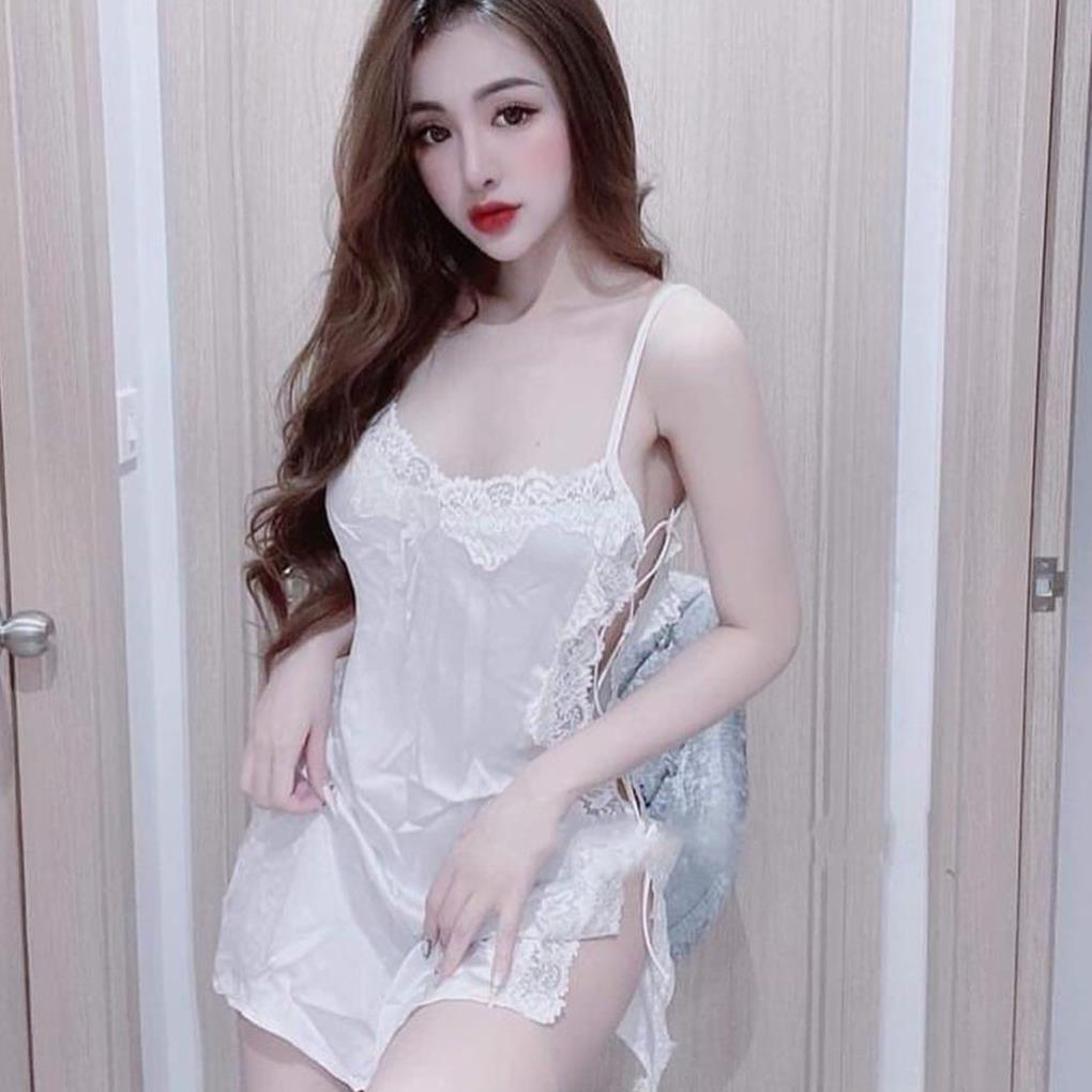 Váy ngủ sexy đan dây hông đầm ngủ lụa phối ren gợi cảm với màu trắng tinh khôi