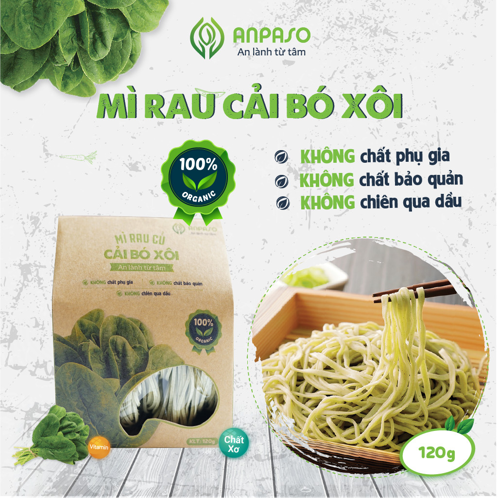 Mì Rau Eat Clean Cải Bó Xôi Hữu Cơ Organic Anpaso, Giảm Cân , ăn chay, không chiên nóng, tốt cho tiêu hóa 120g