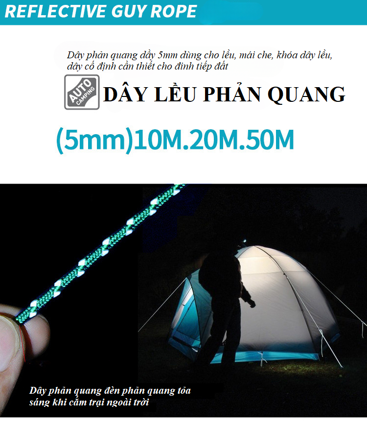 Dây phản quang dày 5mm, dài 50m, được sử dụng làm dây buộc lều cắm trại, dã ngoại, dây phơi quần áo... 50m/cuộn