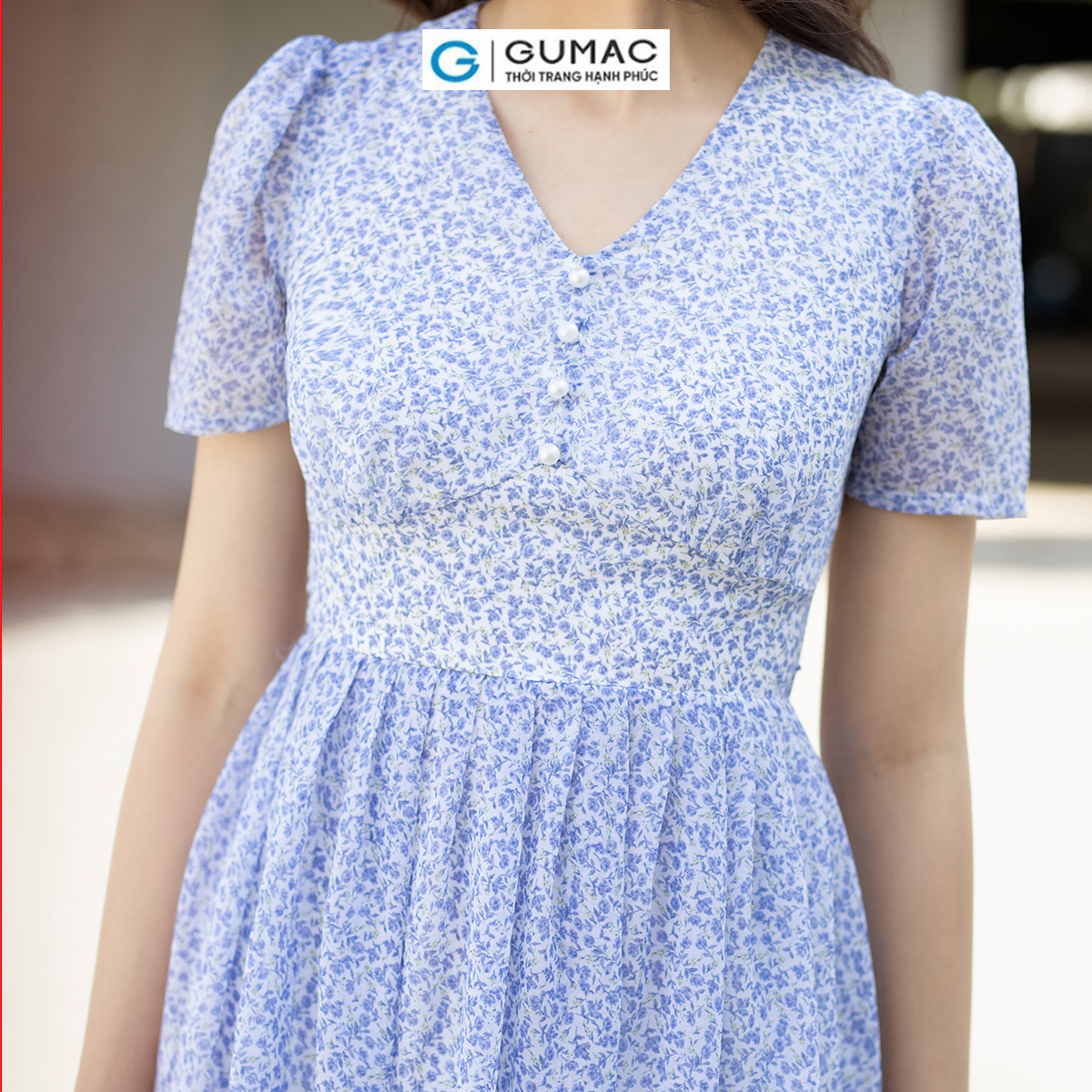 Đầm xòe voan hoa nhí xếp ly cột dây nơ nữ tính thanh lịch thời trang GUMAC DD07030