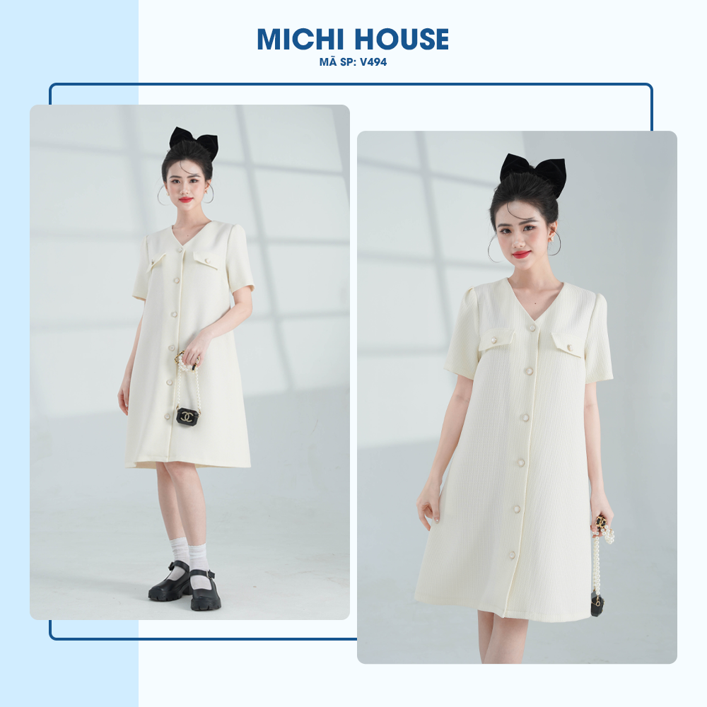 Đầm Suông Công Sở Michi House Váy Xuông Thanh Lịch Cổ V Dáng Suông A Vừa Dài Đến Gối Che Khuyết Điểm Tốt có Bigsize V494