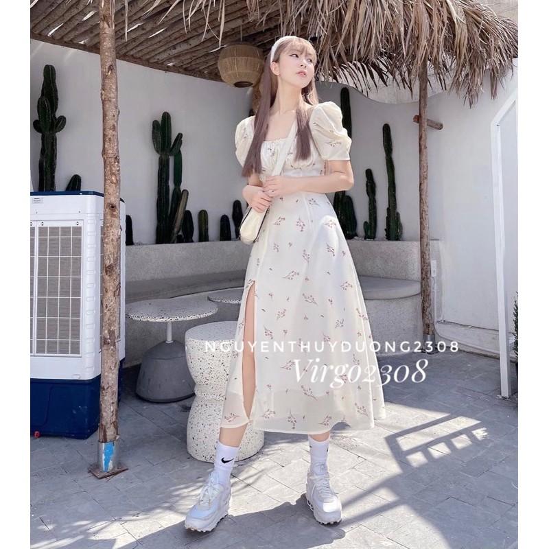 Váy hoa nhúm ngực xẻ tà tay bồng/Đầm hoa Wedding dress