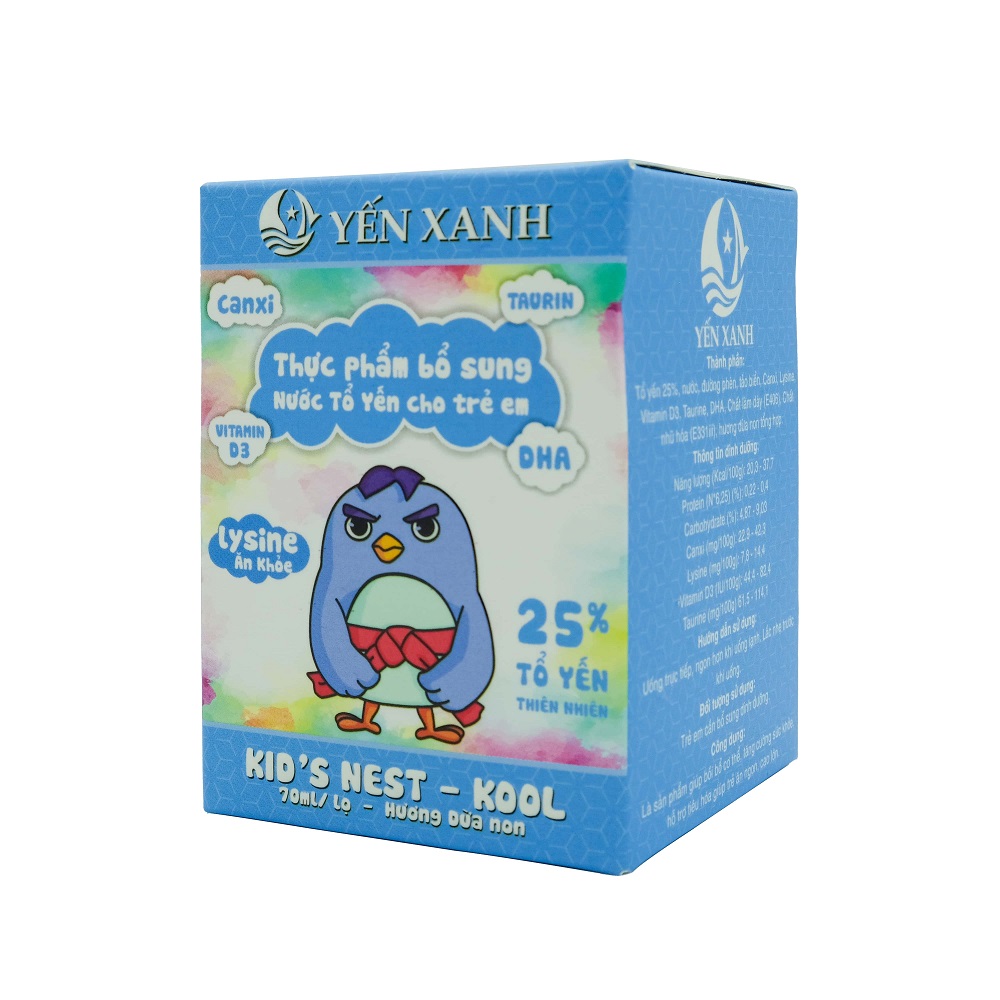 25% tổ yến - Thực phẩm bổ sung: Nước tổ yến chưng dành cho trẻ em Kid's nest - Kool hương dừa non - YẾN XANH - Hộp 1 lọ x 70ml