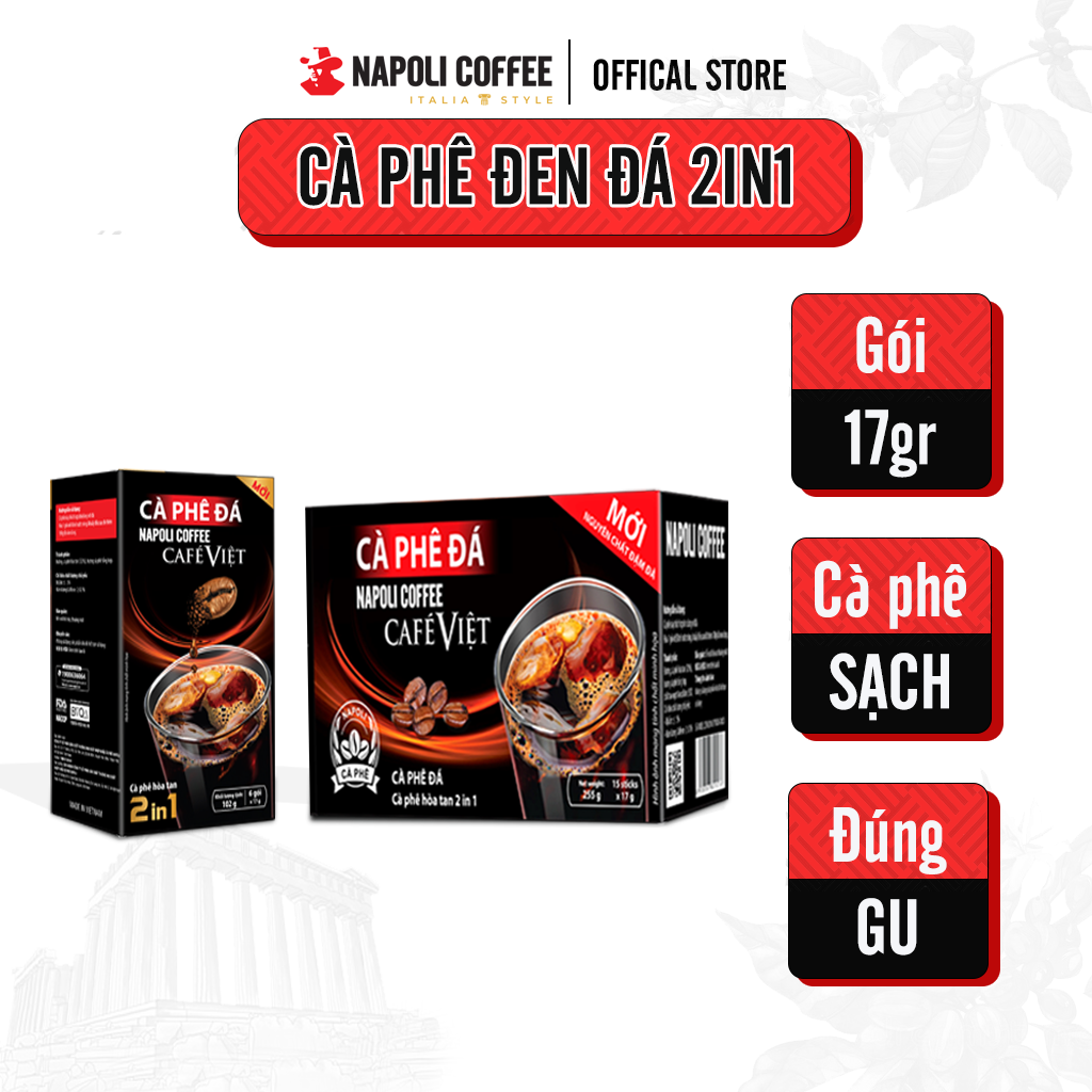 Cà Phê Hoà Tan Đen Đá 2IN1 Hộp Lớn Napoli Coffee bổ sung Nấm Linh Chi và Đông Trùng Hạ Thảo (10 gói x16gr) - 100% Cà Phê Sạch Chuẩn Gu