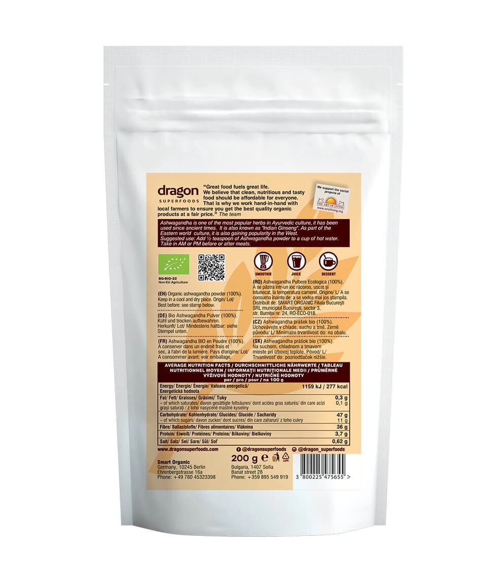 Bột nhân sâm Ấn Độ Ashwagandha hữu cơ Dragon superfoods 200g