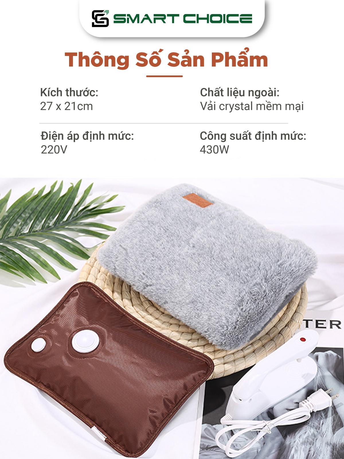 Túi Sưởi SmartChoice Cao Cấp, Túi Chườm Nóng Điện Giữ Ấm Cơ Thể, Giảm Lạnh, Đau Buốt Tay Chân, Ấm Bụng