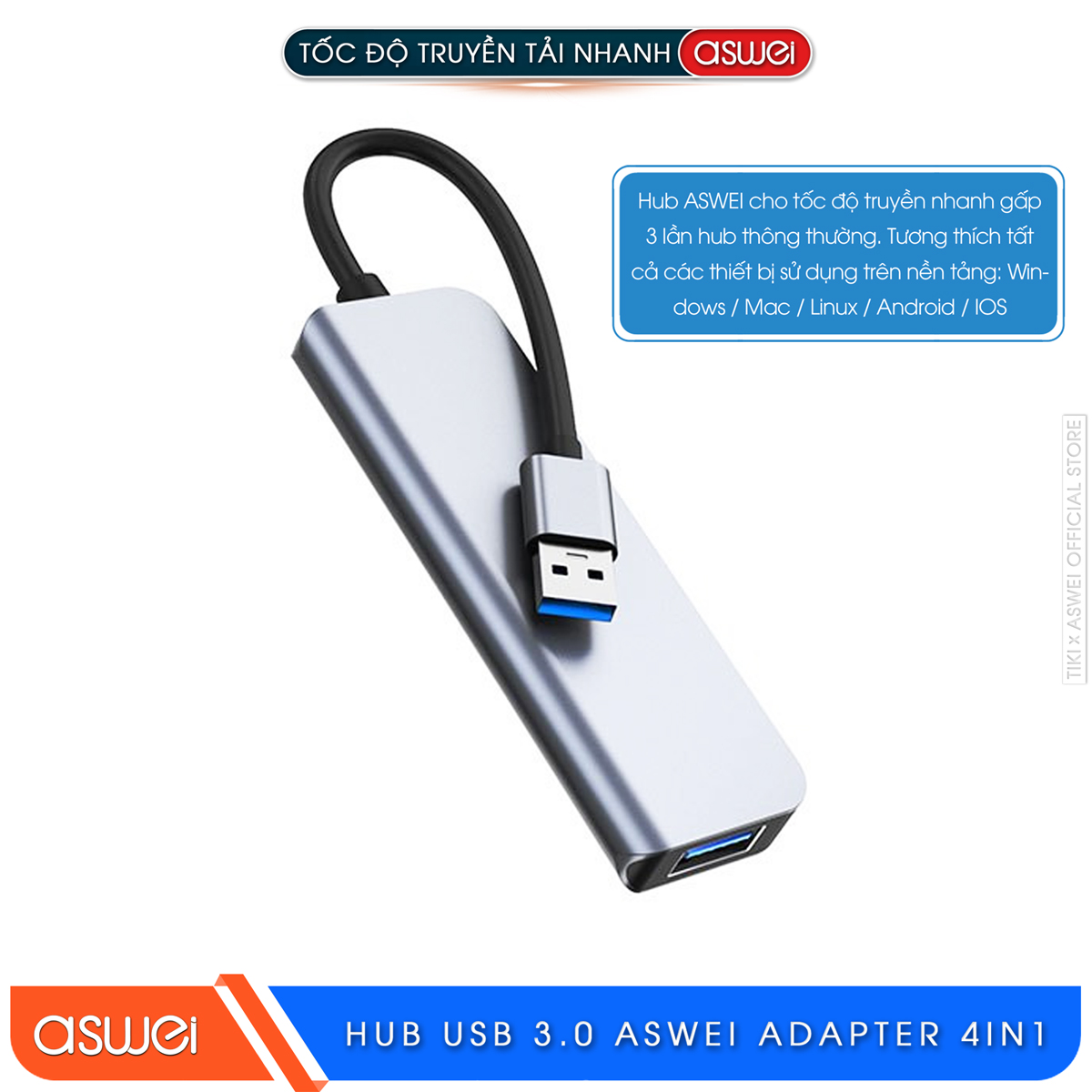 Hub Chuyển Đổi USB Type C ASWEI 4 in 1 - 4 Cổng USB 3.0 Tốc Độ Cao - Hàng Chính Hãng