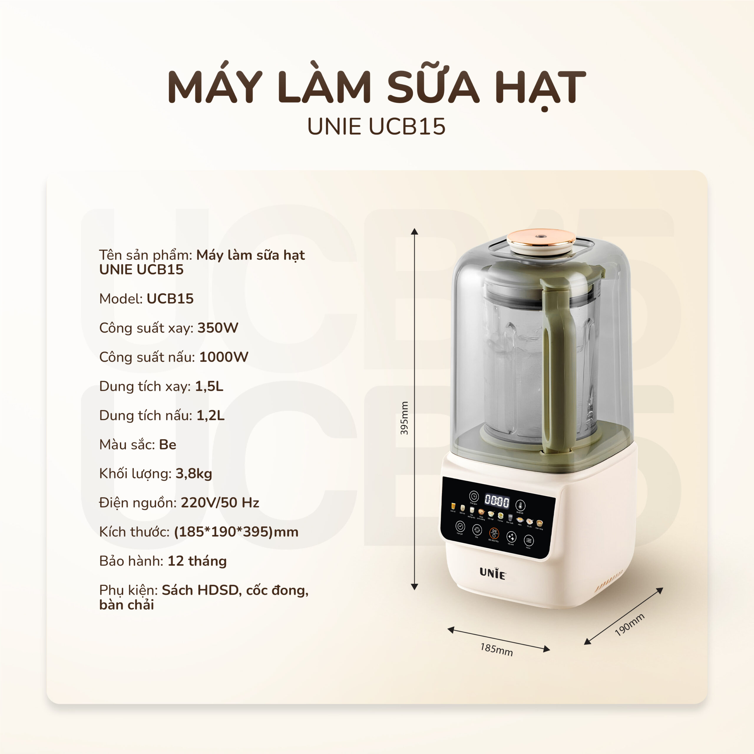 [SP MỚI] Máy làm sữa hạt UNIE UCB15 dung tích 1.5L, nắp chụp giảm ồn 30%, 10 chức năng nấu, lưỡi dao xay 8 cánh, hàng chính hãng bảo hành 12 tháng