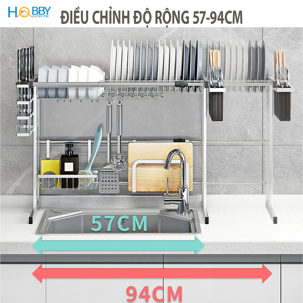 Kệ chén đa năng Inox 304 HOBBY KC6N cao cấp - 6 ngăn - co dãn được - phù hợp bồn chậu rửa bát 1 và 2 ngăn