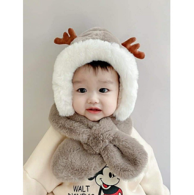 Mũ lông tuyết mẫu sừng hươu kèm khăn siêu mềm cute cho bé