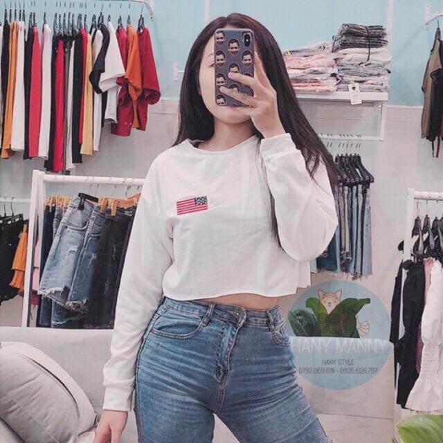 Áo Croptop Tay Dài Form Rộng Hình Cờ Mỹ