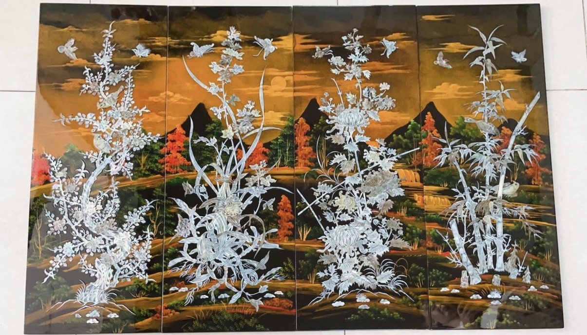Tranh sơn mài 4 mùa Mai Lan Cúc Trúc cẩn ốc hàng cao cấp bộ 4 tấm size 80x 120 cm