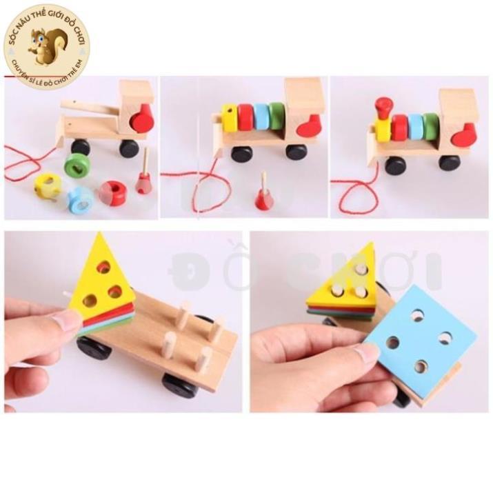Đồ chơi tàu kéo khối gỗ, xe chở khối thả hình trụ cho bé Thị trấn đồ chơi trẻ em G27