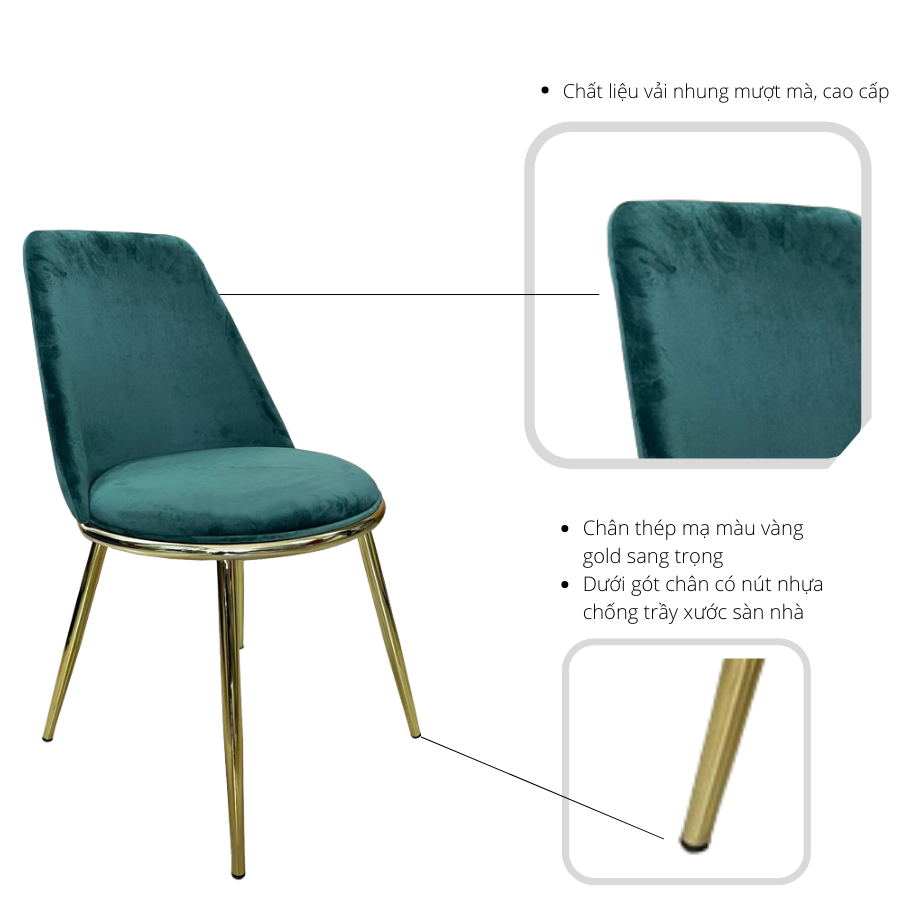 Ghế trang điểm nệm bọc vải nhung chân thép mạ màu vàng gold bóng sang chảnh Luxury Chairs for bedroom LUX 27B-F