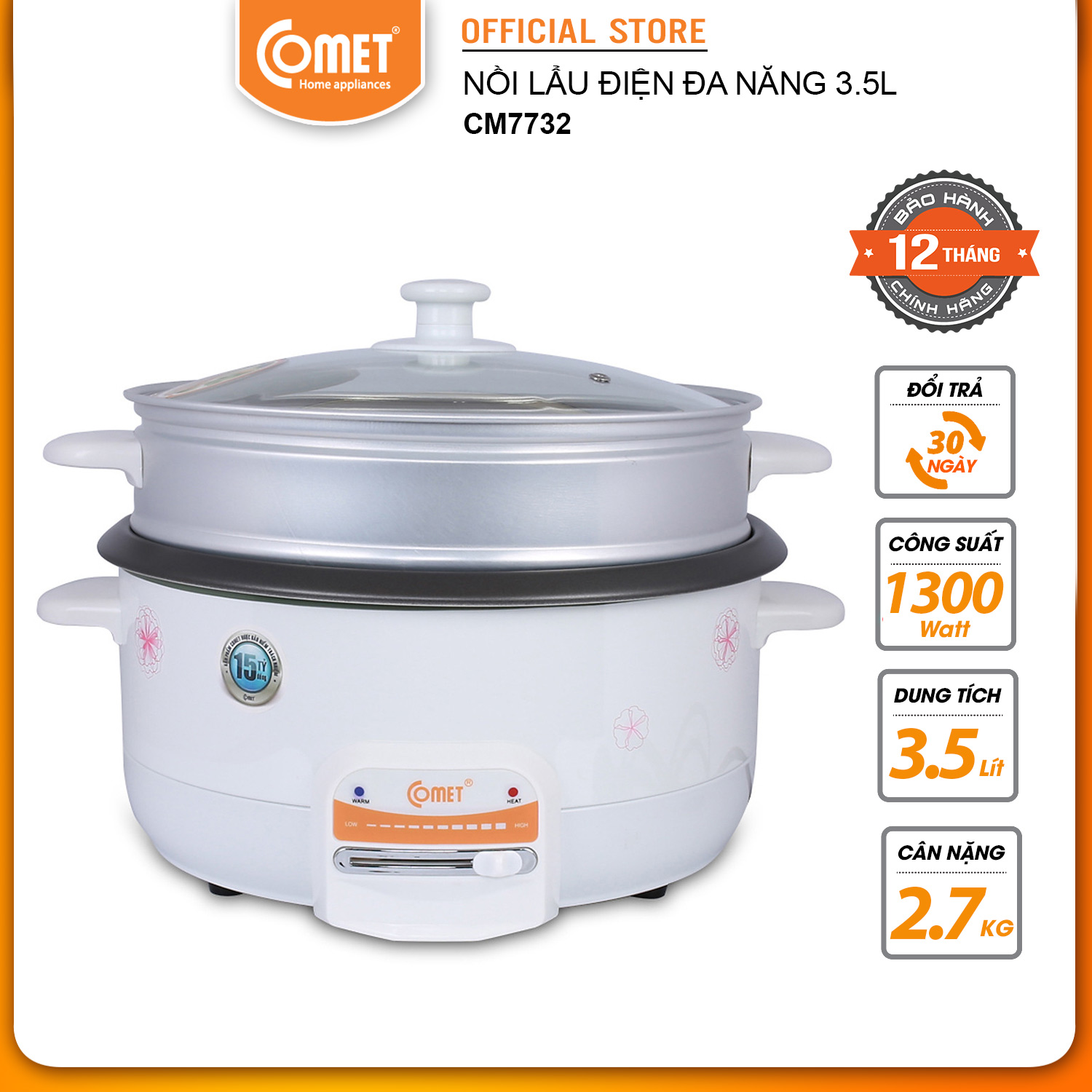 Lẩu Điện Comet CM7732 (3.5 Lít) - Hàng Chính Hãng