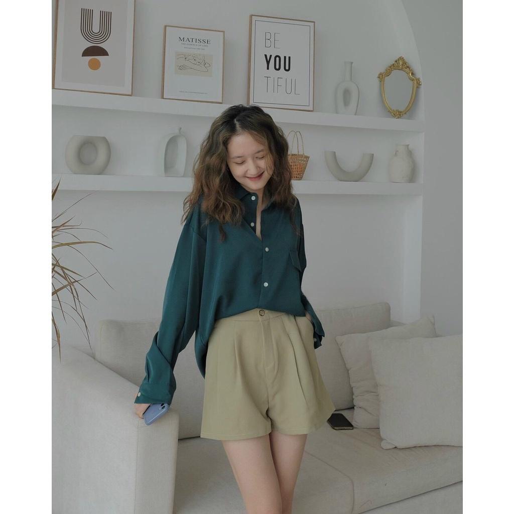 Áo Sơ Mi Nữ Dài Tay Đuôi Tôm Cúc Lưng Dáng Công Sở Vải Đũi Thái