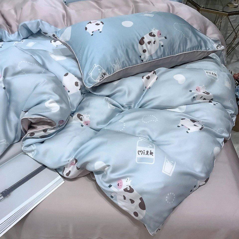 Bộ chăn ga gối mùa hè100% lụa tencel , siêu cao cấp, MỀM MỊN, MÁT DA - họa tiết Bò Sữa dễ thương