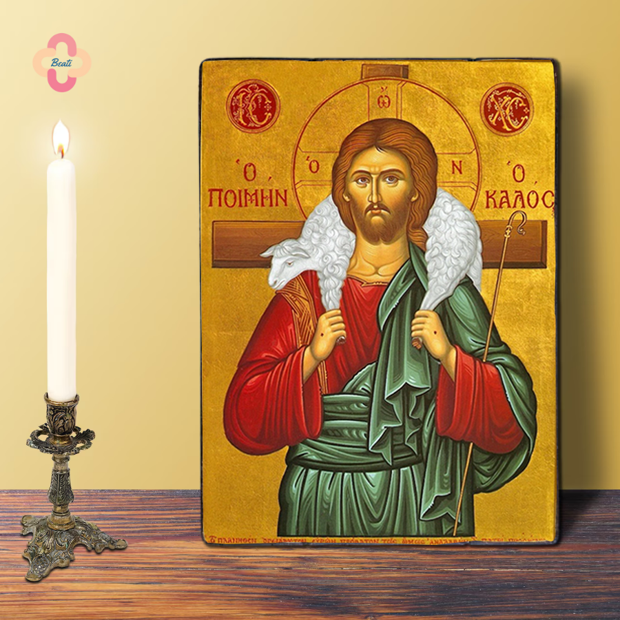 Tranh Gỗ Chúa Chiên Lành Beati - Tranh Công Giáo Thủ Công Màu Rustic / Icon of the Christ the Good Shepherd