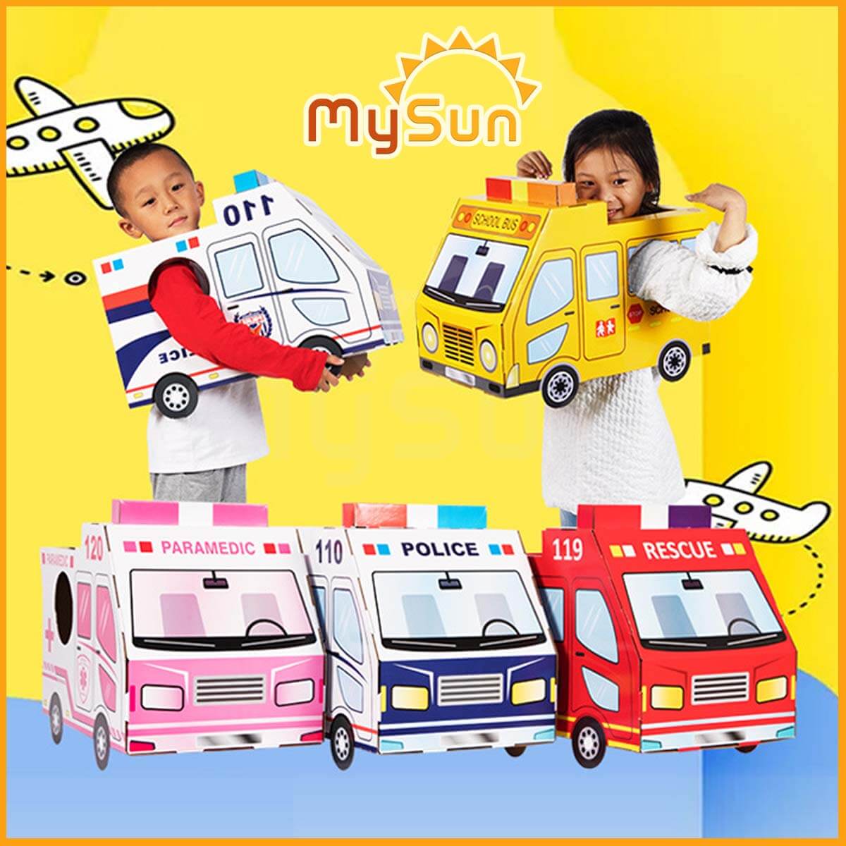 Đồ chơi hóa trang cho bé MySun, tự lắp ghép làm hộp mô hình xe ô tô bằng giấy bìa carton