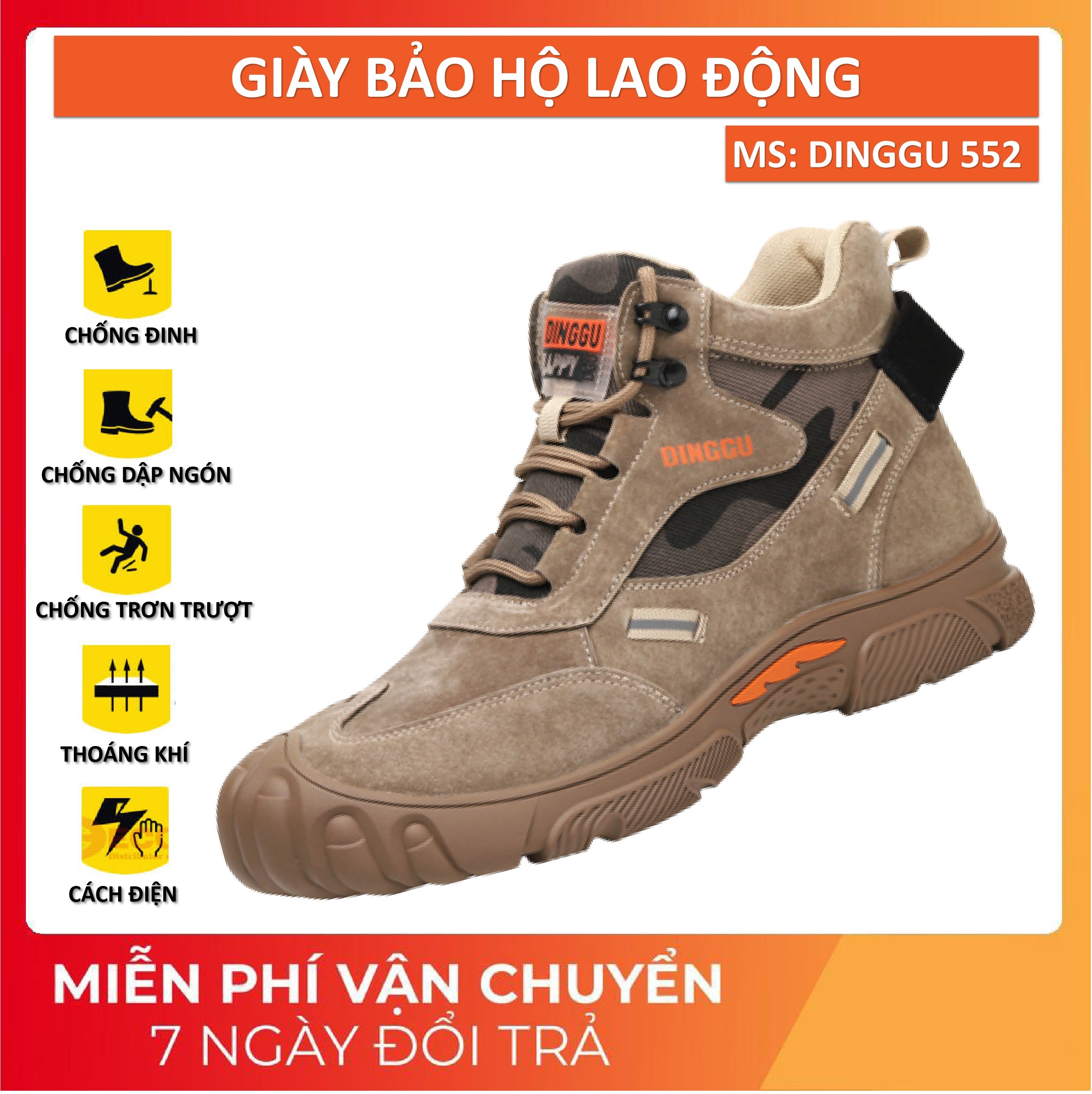 Giày Bảo Hộ Lao Động DINGGU 552, Thể Thao, Chống Trơn Trượt, Chống Đinh, Chống Va Đập, Siêu Nhẹ, Thoáng Khí, Mẫu Mới 2023, Nhập khẩu Trung Quốc, Tặng Kèm Vớ
