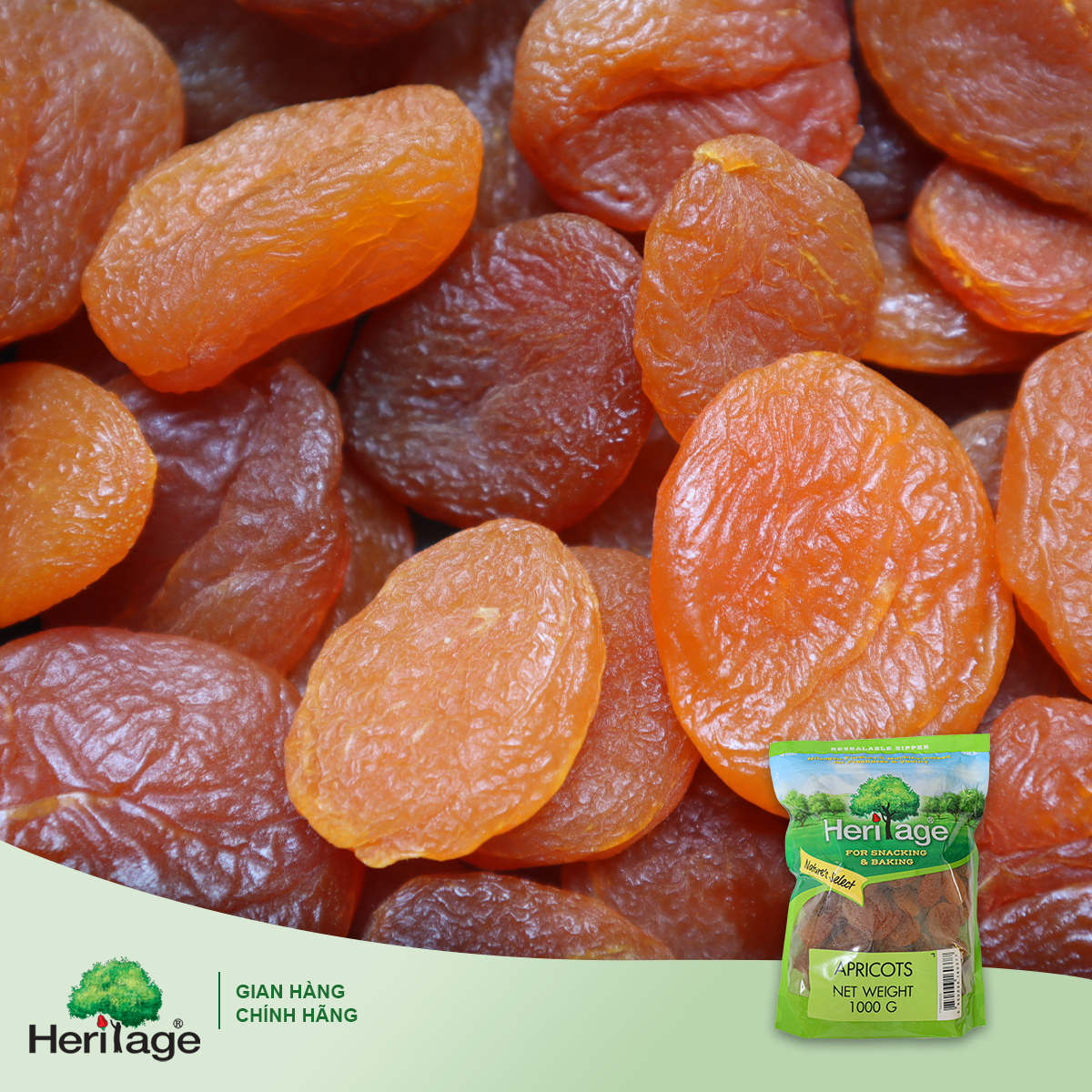 Mơ Khô Nguyên Liệu Mỹ chính hãng Heritage , không sử dụng chất bảo quản,Giàu Vitamin C ,không tẩm ướp, phù hợp cho người bệnh cần kiêng đường gói 1kg - Dried Apricot