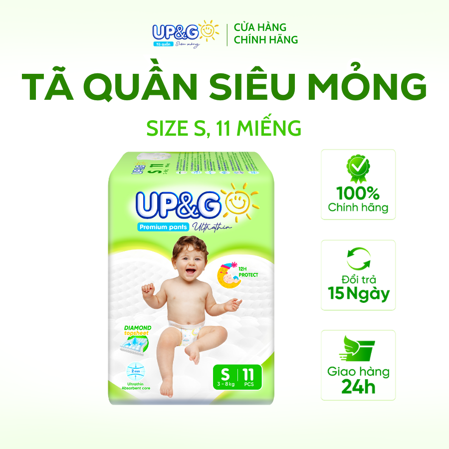 Tã/ Bỉm Quần Em Bé Siêu Mỏng Up&amp;Go Lõi Nén 2mm Siêu Mềm Mại, Siêu Khô Thoáng, Siêu Thấm Hút Size S/M/L/XL