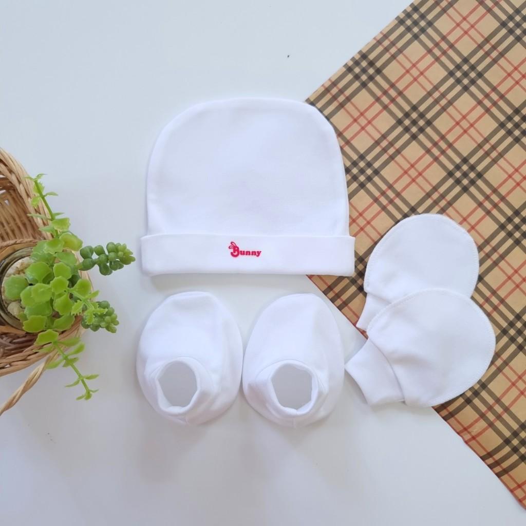 Set Nón Bao Tay Bao Chân Cotton Trắng Mềm mại, Co Giãn Cho Bé Sơ Sinh- Bunny Baby