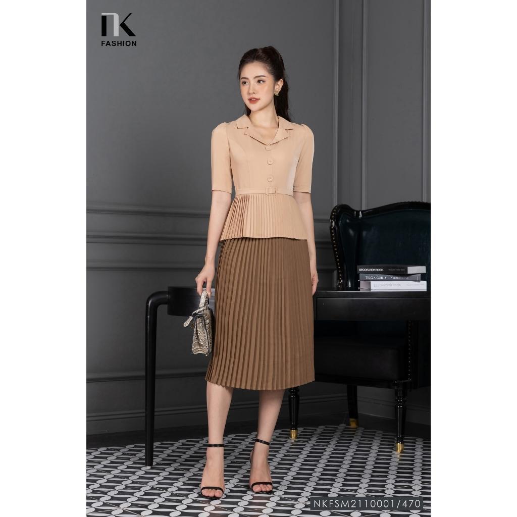 Áo Ký Giả Peplum Dập Ly UK Fashion Thiết Kế Tay Ngắn Bo Eo Điệu, Chất Liệu Nhập Hàn Mềm Mịn NKFSM2110001