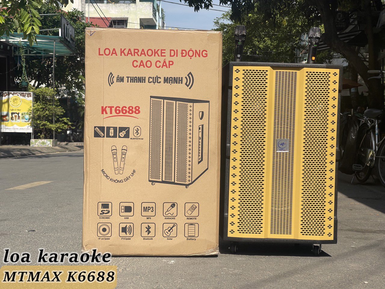 Loa kéo MTMAX K6688 bass 40 công suất lớn 4 tấc 1 mid 1 treble - Loa khủng long công suất theo nhà sản xuất đến 500W - Kèm 2 micro không dây UHF - Đầy đủ kết nối Bluetooth, AV, USB, SD card, TWS - Thùng gỗ cao cấp cho âm thanh mạnh mẽ, chân thực